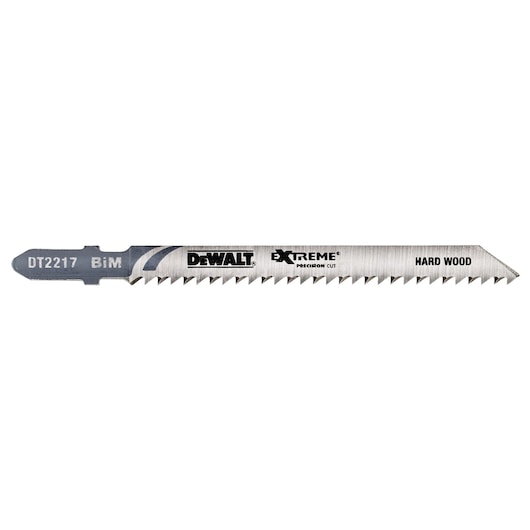 DEWALT DT2217 jigsaw blade for hard wood, labeled Extreme Precision Cut. Single metal blade with sharp teeth.