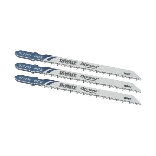Three DEWALT DT2205 jigsaw blades for wood cutting, arranged in parallel on a white background.