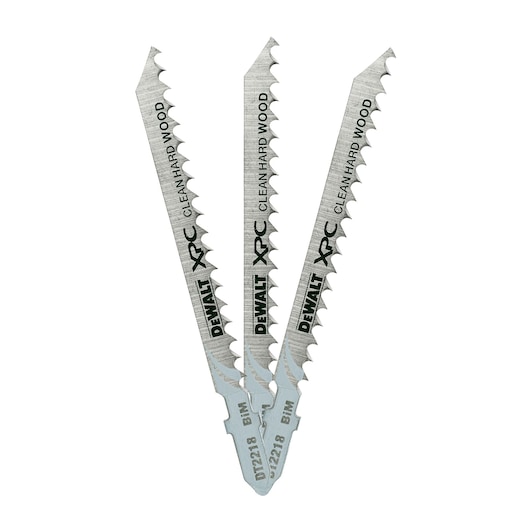 Three DEWALT DT2218 jigsaw blades for clean cuts in hard wood, arranged in a fan shape on white background.