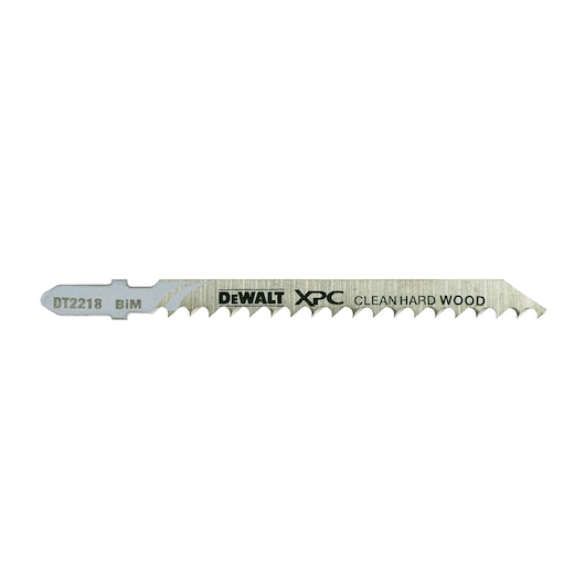 DEWALT DT2218 XPC jigsaw blade for clean cutting in hard wood, shown isolated on a white background.