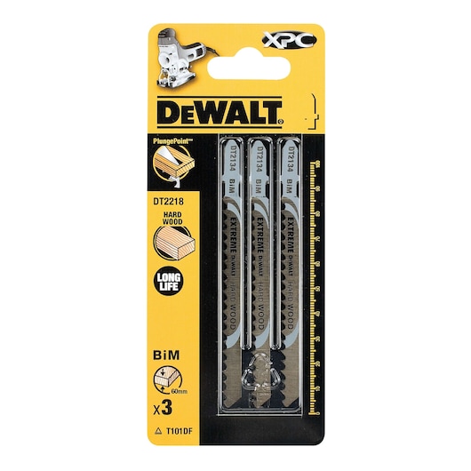 DEWALT DT2218 XPC jigsaw blades for hardwood, pack of 3, BiM, 60mm, long life, suitable for plunge cuts.