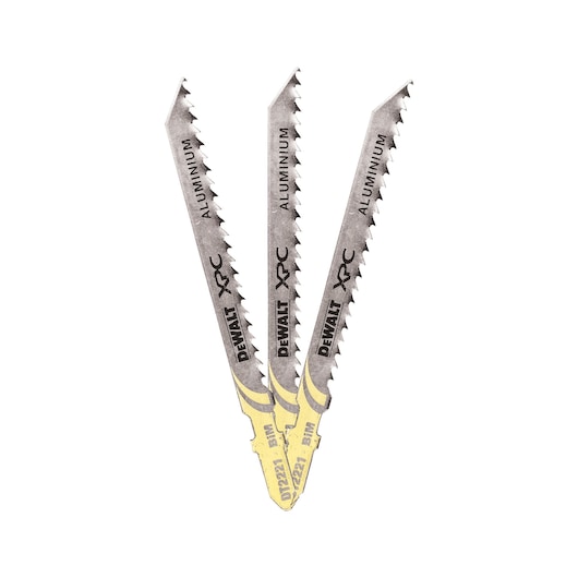 Three DEWALT DT2221 jigsaw blades for cutting aluminium, shown with sharp teeth and metal finish.