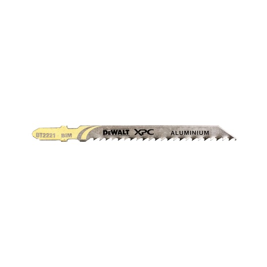 DEWALT DT2221 jigsaw blade for cutting aluminum, shown flat with teeth and product labeling visible.