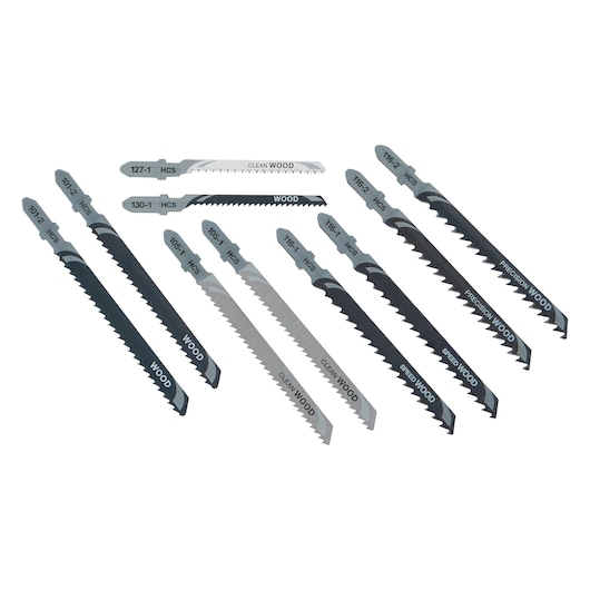 Set of ten DEWALT jigsaw blades for wood cutting, various shapes and teeth designs, arranged on a white surface.
