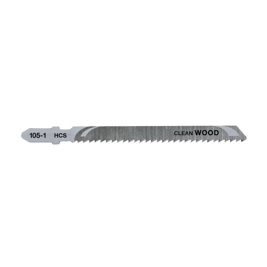 Metal jigsaw blade labelled for clean wood cutting, with sharp teeth and a silver finish.