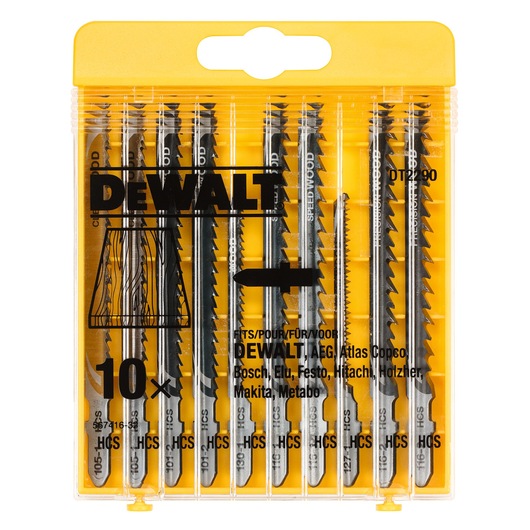 DEWALT DT2290 jigsaw blade set in a yellow plastic box, contains 10 blades for cutting wood.