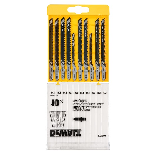 DEWALT DT2290 jigsaw blade set for wood, ten pieces in a yellow plastic case.
