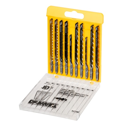 DEWALT DT2290 jigsaw blade set in a yellow plastic case, showing multiple blades for cutting wood and other materials.