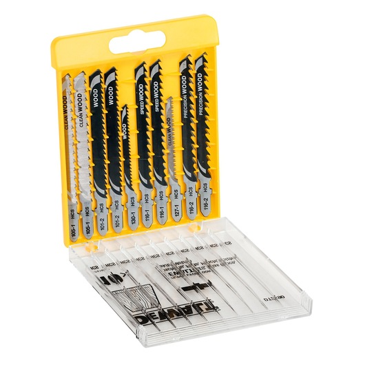 DEWALT DT2290 jigsaw blade set in a yellow and clear plastic case, displaying blades for wood cutting.