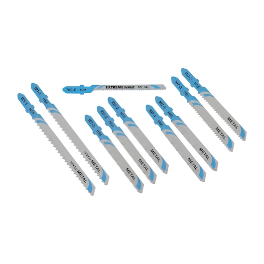 Set of DEWALT DT2292 jigsaw blades for cutting metal, shown with blue and silver coloring.