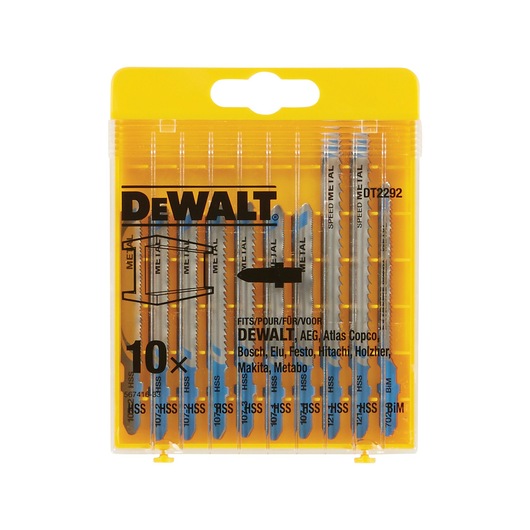 DEWALT DT2292 set of 10 assorted metal jigsaw blades in a yellow plastic case.