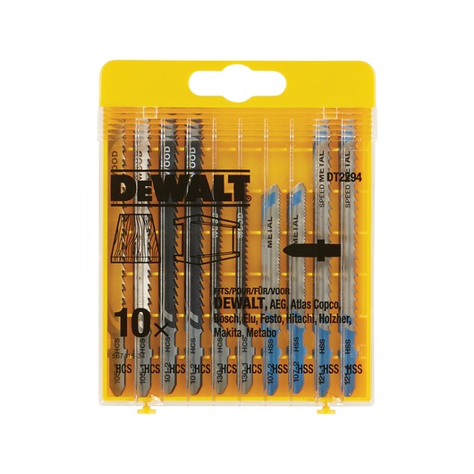 DEWALT DT2294 jigsaw blade set, 10 pieces for wood and metal cutting, in yellow plastic packaging.