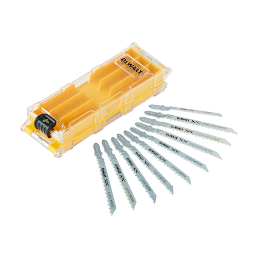 DEWALT DT2296 set with yellow storage box and 10 assorted jigsaw blades for wood cutting.