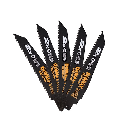 Five DEWALT black reciprocating saw blades arranged in a fan shape, with yellow and white text visible.