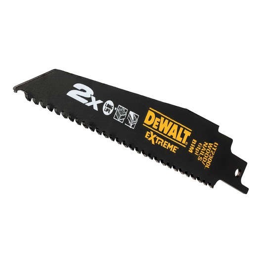 DEWALT DT2300L Extreme wood saw blade, black with yellow branding, toothed edge for cutting.