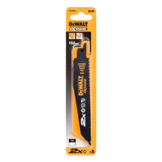 DEWALT DT2300L Extreme saw blade for wood and nails, 152mm, in black and yellow retail packaging.