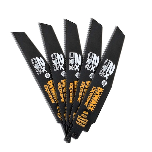 Five DEWALT DT2301L reciprocating saw blades fanned out, black with yellow text, labeled Extreme for general purpose.