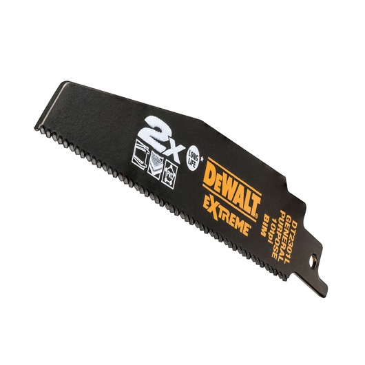 DEWALT DT2301L Extreme reciprocating saw blade for general purpose cutting, black, with product markings.