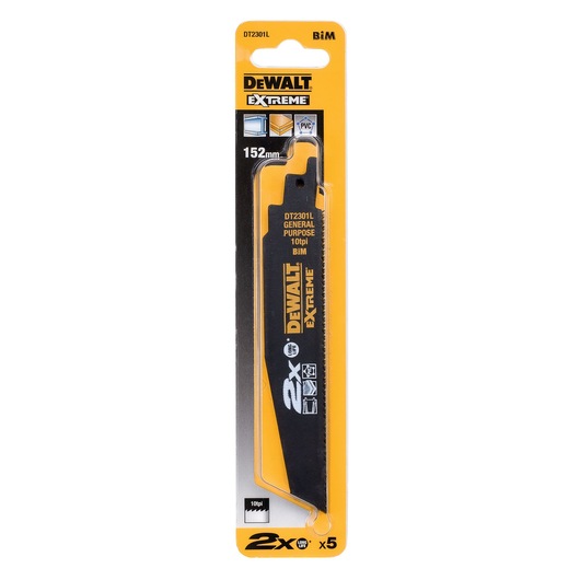 A packaged DEWALT Extreme DT2301L general purpose reciprocating saw blade, 152mm in length, for cutting wood, metal, and PVC. The packaging is yellow and black and features product information and icons.
