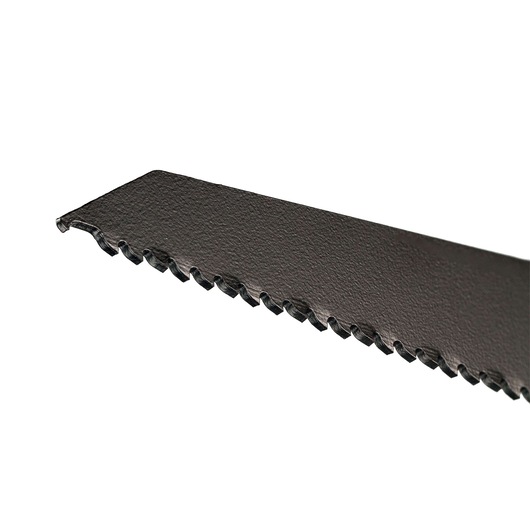 Close-up of a DEWALT metal saw blade with sharp serrated teeth against a white background.