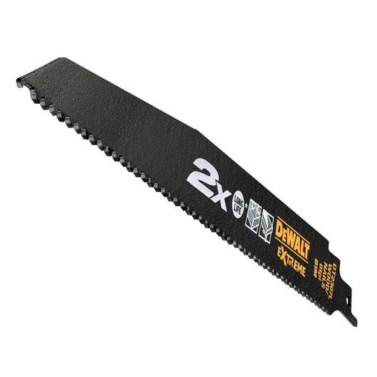DEWALT DT2307L black reciprocating saw blade with serrated edge and product branding.