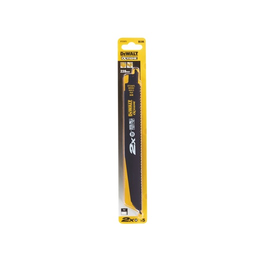 DEWALT DT2307L saw blade in yellow packaging, labeled for cutting wood and nails, 228mm length.