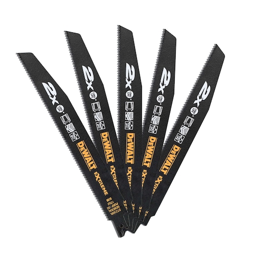 Five DEWALT DT2308L saw blades fanned out, black color with yellow and white text, for extreme cutting.