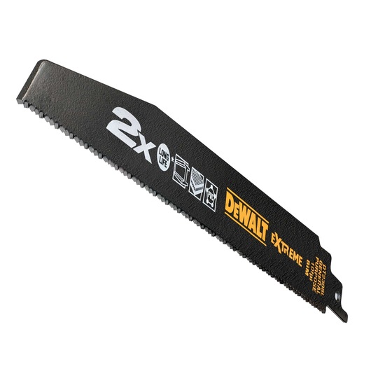 DEWALT Extreme black saw blade with 2X long life and icons for cutting metal, wood, and PVC.