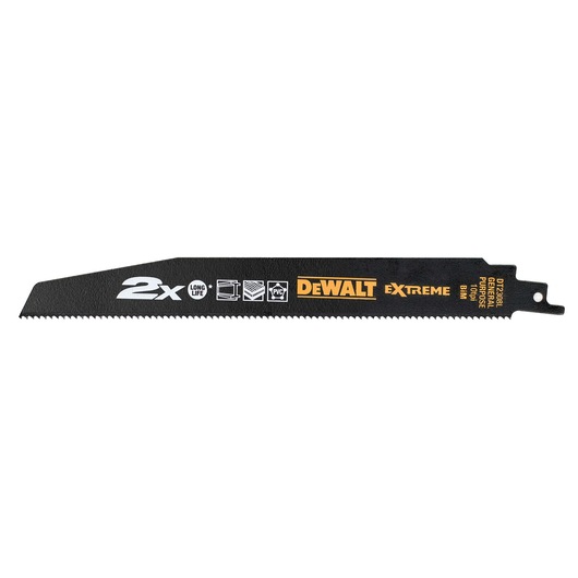 DEWALT DT2308L black reciprocating saw blade with product info and branding for general purpose cutting.