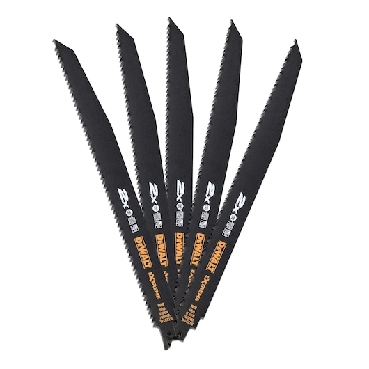 Five black DEWALT reciprocating saw blades, arranged in a fan shape, with visible product markings.