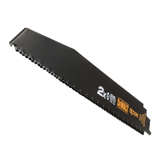 DEWALT DT2314L black reciprocating saw blade with extreme branding and serrated teeth, isolated on white.