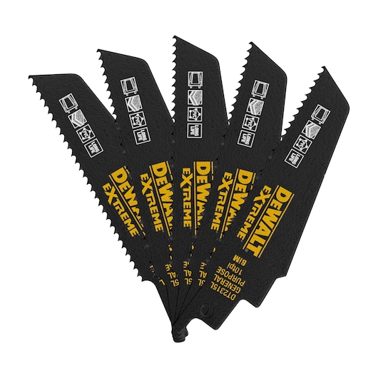 Five DEWALT DT2315L black reciprocating saw blades fanned out, labeled Extreme, for general cutting tasks.