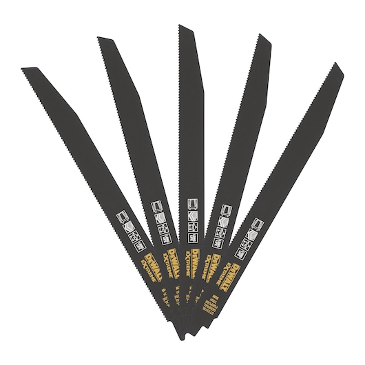 Five DEWALT DT2316L black reciprocating saw blades with fine teeth, arranged in a fan shape on a white background. Each blade features product markings and the DEWALT logo in yellow.