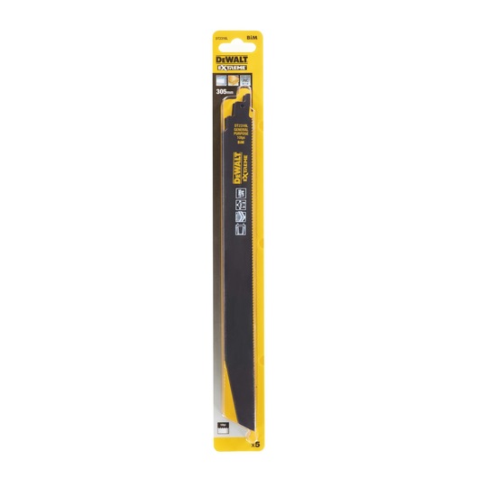 DEWALT DT2316L Extreme reciprocating saw blade in its retail packaging, showing a long black blade with yellow branding, suitable for cutting tasks and marked with specifications such as 305mm length and BIM material.