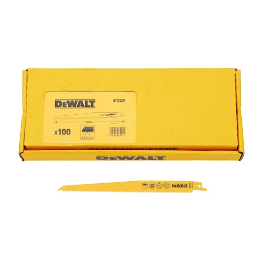 DEWALT DT2320 yellow box and saw blade for reciprocating saws, product packaging and blade shown.
