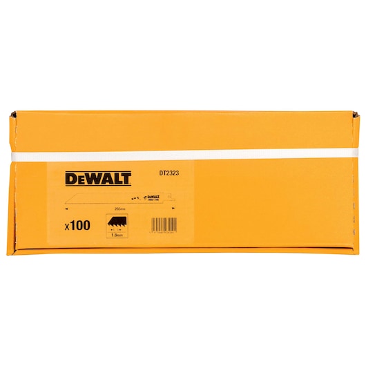 DEWALT DT2323 yellow box with blade details, barcode, and quantity of 100 displayed on the label.