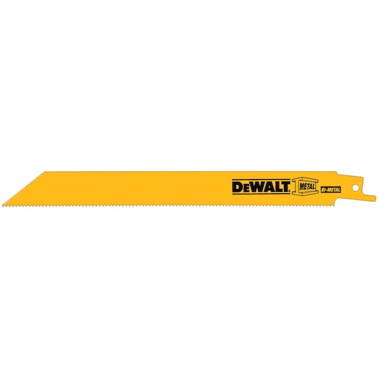 A yellow DEWALT bi-metal reciprocating saw blade designed for cutting metal, with fine teeth along one edge and branded text on the blade.