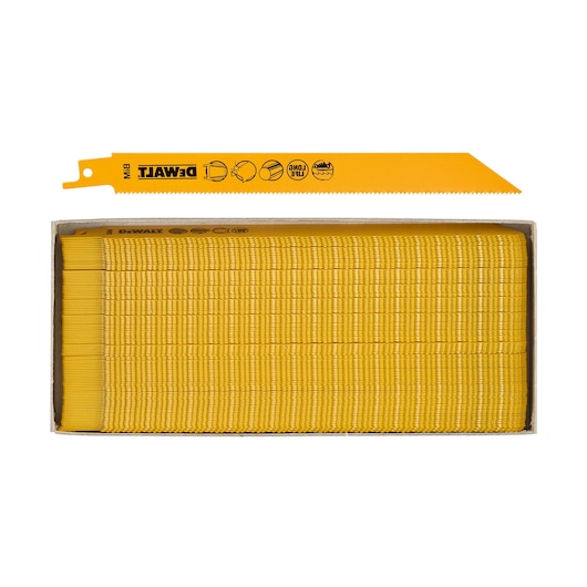 A box containing multiple yellow DEWALT reciprocating saw blades, with one blade displayed above the box showing its teeth and branding.