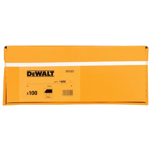 A yellow rectangular DEWALT box with the model number DT2323 on the label, containing 100 saw blades, each 203mm in length and 1.8mm thick.