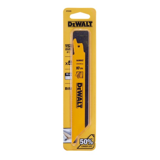 DEWALT DT2345 reciprocating saw blade, 152mm, pack of 5, yellow packaging with product info.