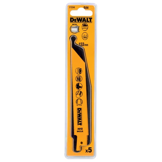 Packaging of DEWALT DT2346 reciprocating saw blades for cutting metal, with a yellow background, showing specifications such as 152mm length and BiM material. The package contains five blades.