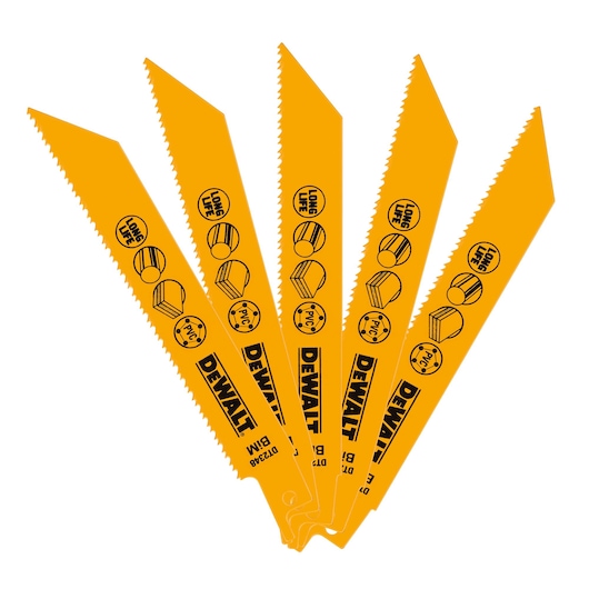 Five yellow DEWALT DT2348 reciprocating saw blades fanned out, each marked for cutting wood, metal, and PVC.