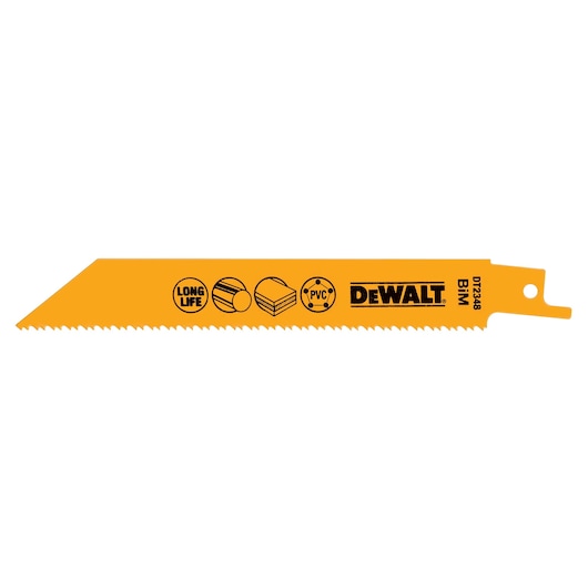 Yellow DEWALT DT2348 saw blade for wood and PVC, labeled with icons and product details.