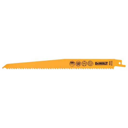 DEWALT DT2349 yellow reciprocating saw blade for wood and PVC, with product details printed on the blade.