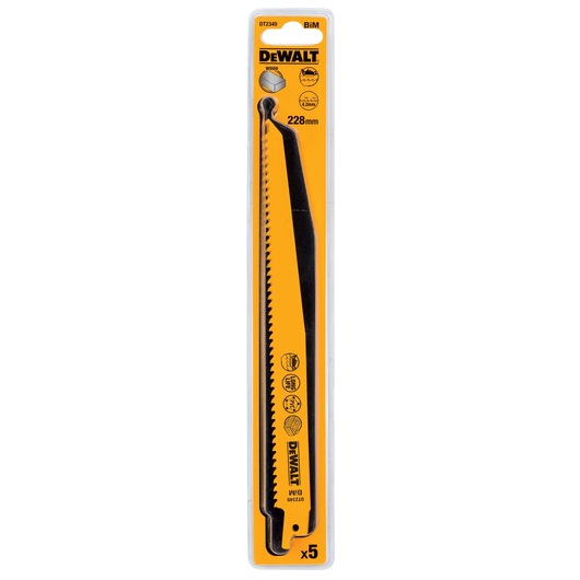 DEWALT DT2349 wood saw blades in yellow packaging, 228mm length, pack of 5.