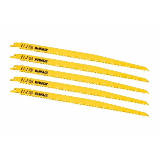 Five yellow DEWALT reciprocating saw blades arranged side by side on a white background.