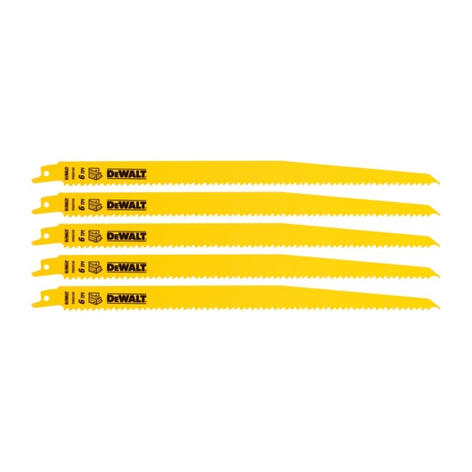 Five yellow DEWALT reciprocating saw blades arranged side by side on a white background.