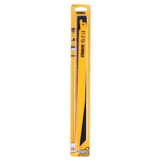 DEWALT DT2350 reciprocating saw blade pack in yellow packaging, 305mm size, for wood and metal cutting.