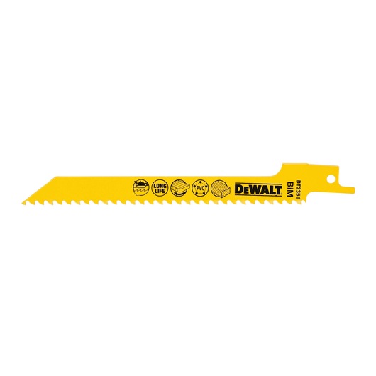 Yellow DEWALT DT2351 reciprocating saw blade, designed for cutting wood and PVC, featuring sharp teeth and labeled with product information and usage icons.