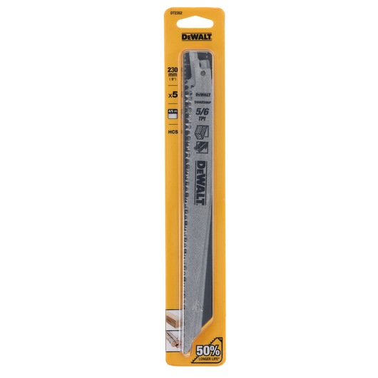 DEWALT DT2352 saw blade set in yellow packaging, 230mm length, 5 blades, for woodcutting.